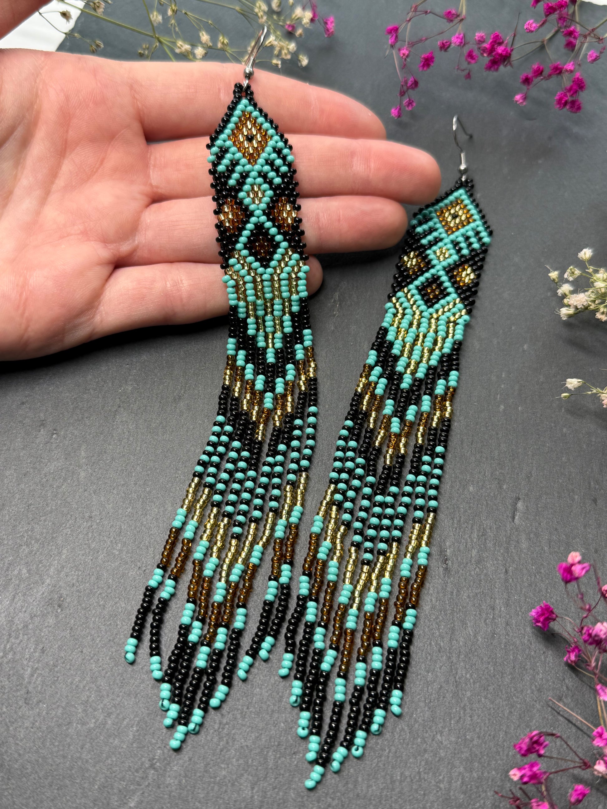 Handmade long black, turquoise, and gold beaded earrings with Native American ethnic design and fringe. Unique boho statement earrings for women image 9