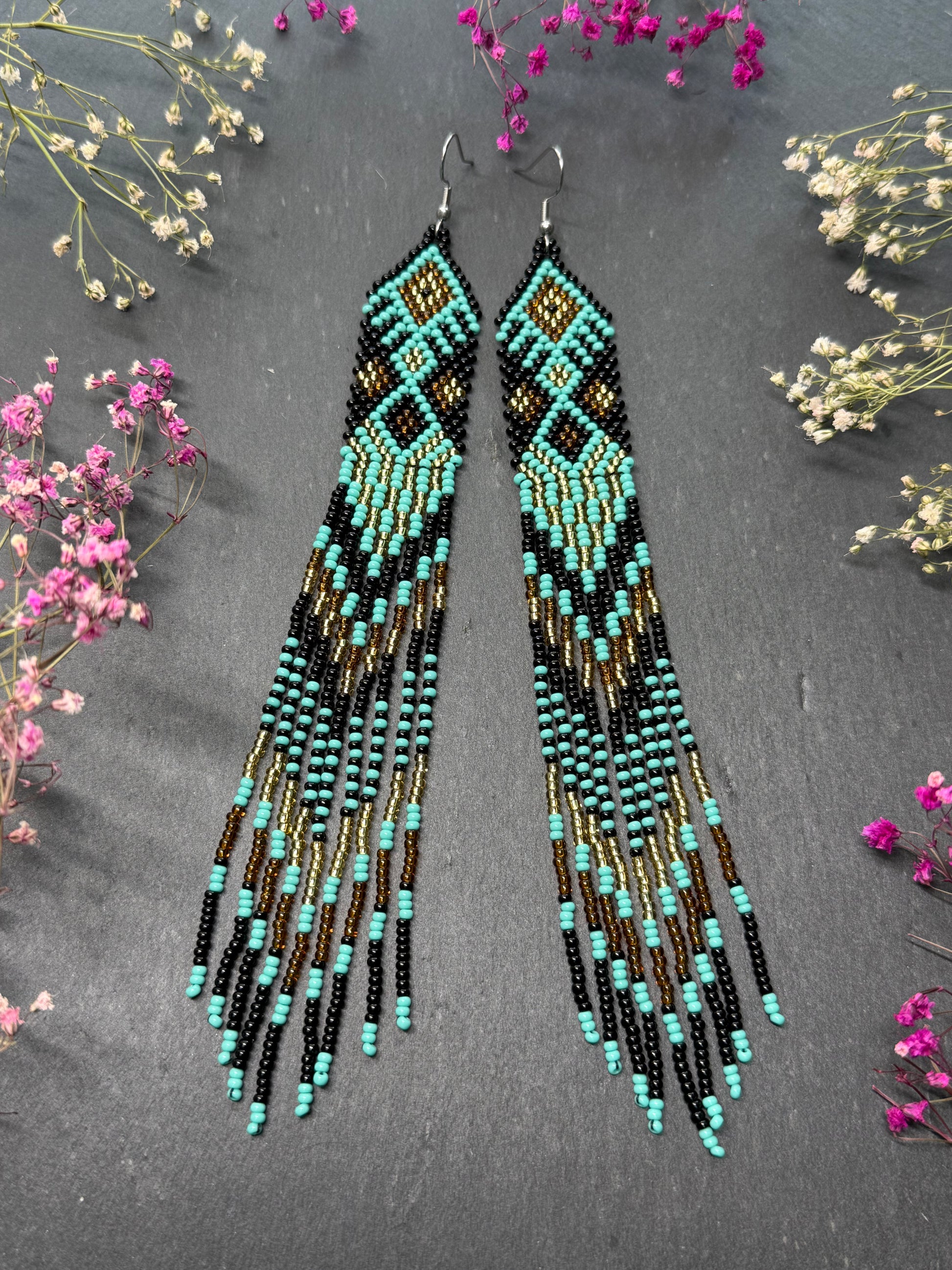 Handmade long black, turquoise, and gold beaded earrings with Native American ethnic design and fringe. Unique boho statement earrings for women image 10