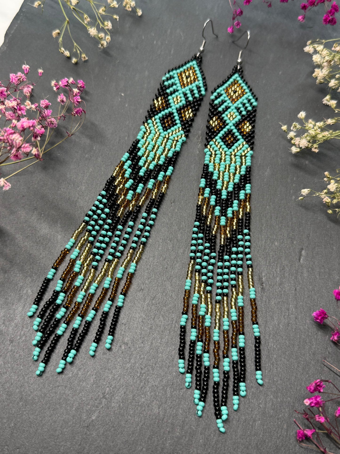 Handmade long black, turquoise, and gold beaded earrings with Native American ethnic design and fringe. Unique boho statement earrings for women image 12