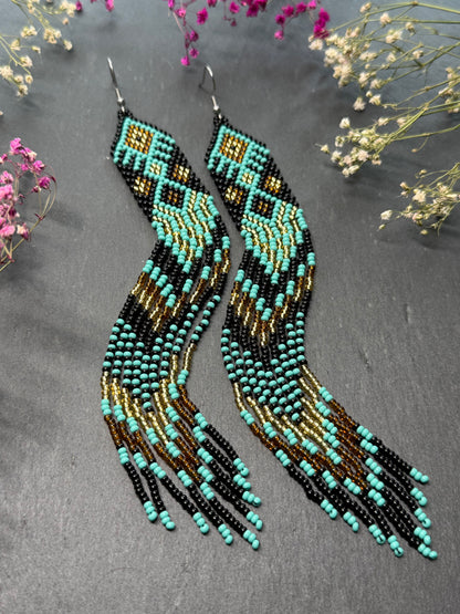 Handmade long black, turquoise, and gold beaded earrings with Native American ethnic design and fringe. Unique boho statement earrings for women image 13