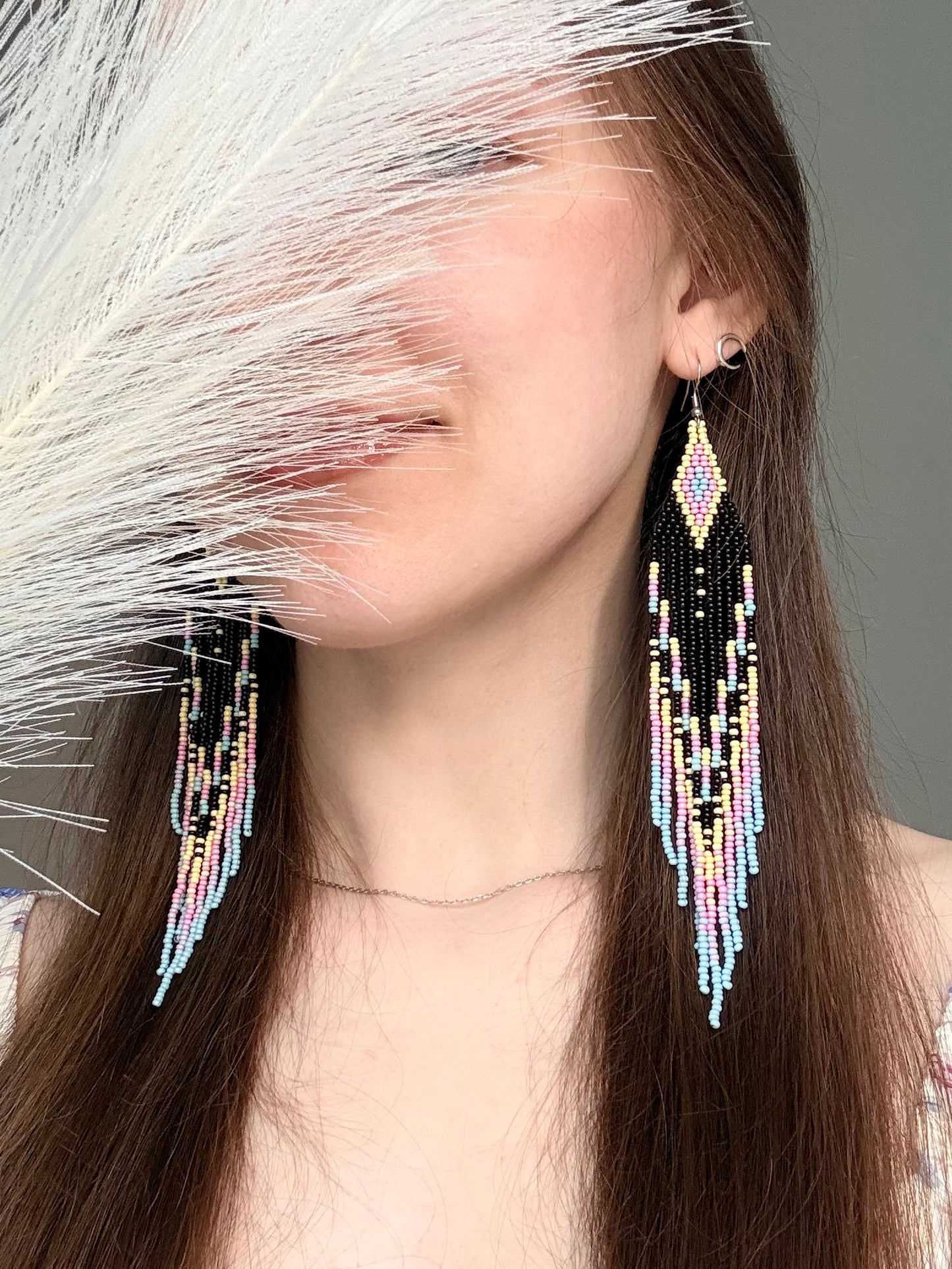 Unique handmade beaded earrings in black, blue, yellow and pink with geometric design. Boho style statement jewelry, cute multicolor earrings for women image 2