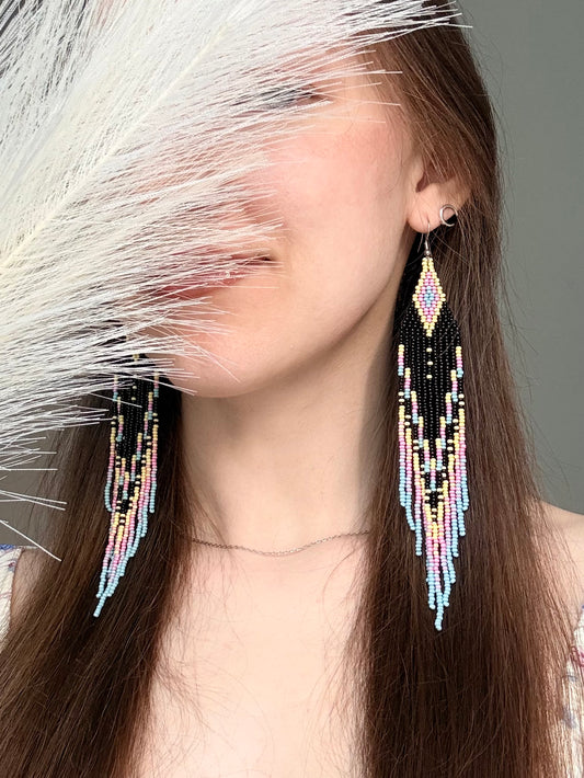 Unique handmade beaded earrings in black, blue, yellow and pink with geometric design. Boho style statement jewelry, cute multicolor earrings for women image 2