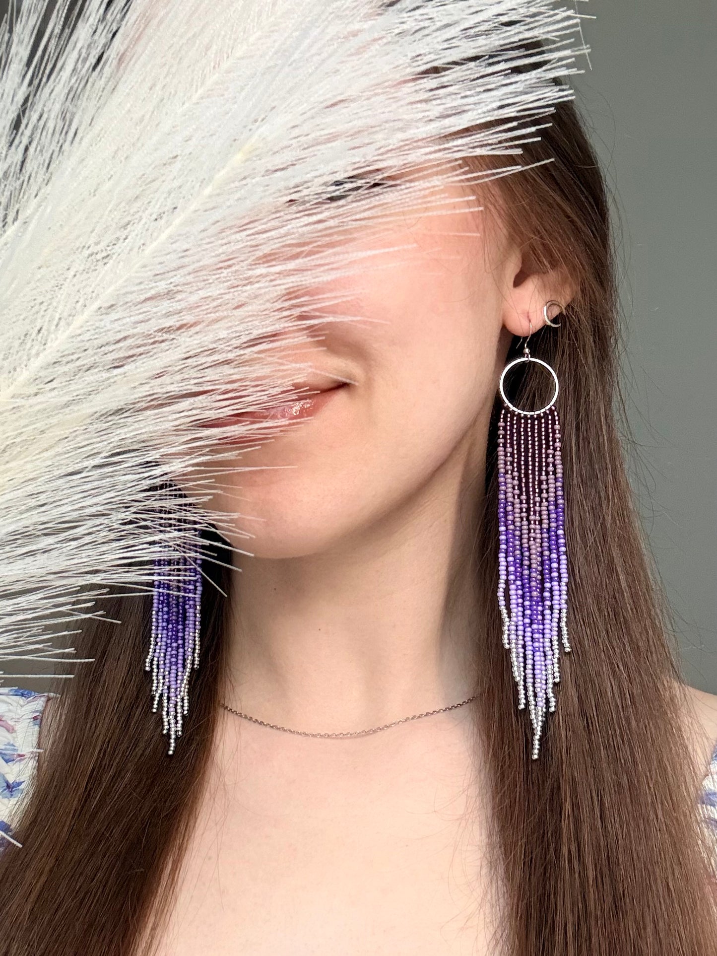Long purple and silver beaded fringe earrings on hoop base with 925 sterling silver hooks. Handmade statement earrings fringe and gradient design boho jewelry image 2