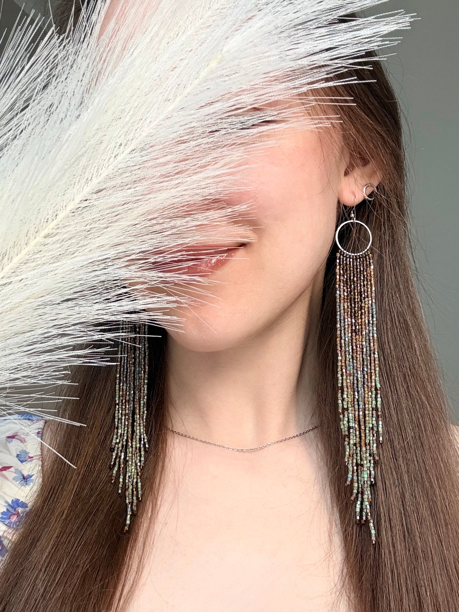 Long beaded fringe earrings, boho hoop design, brown and blue seed bead jewelry. Handmade statement earrings with 925 sterling silver hooks. Unique earrings for her image 2