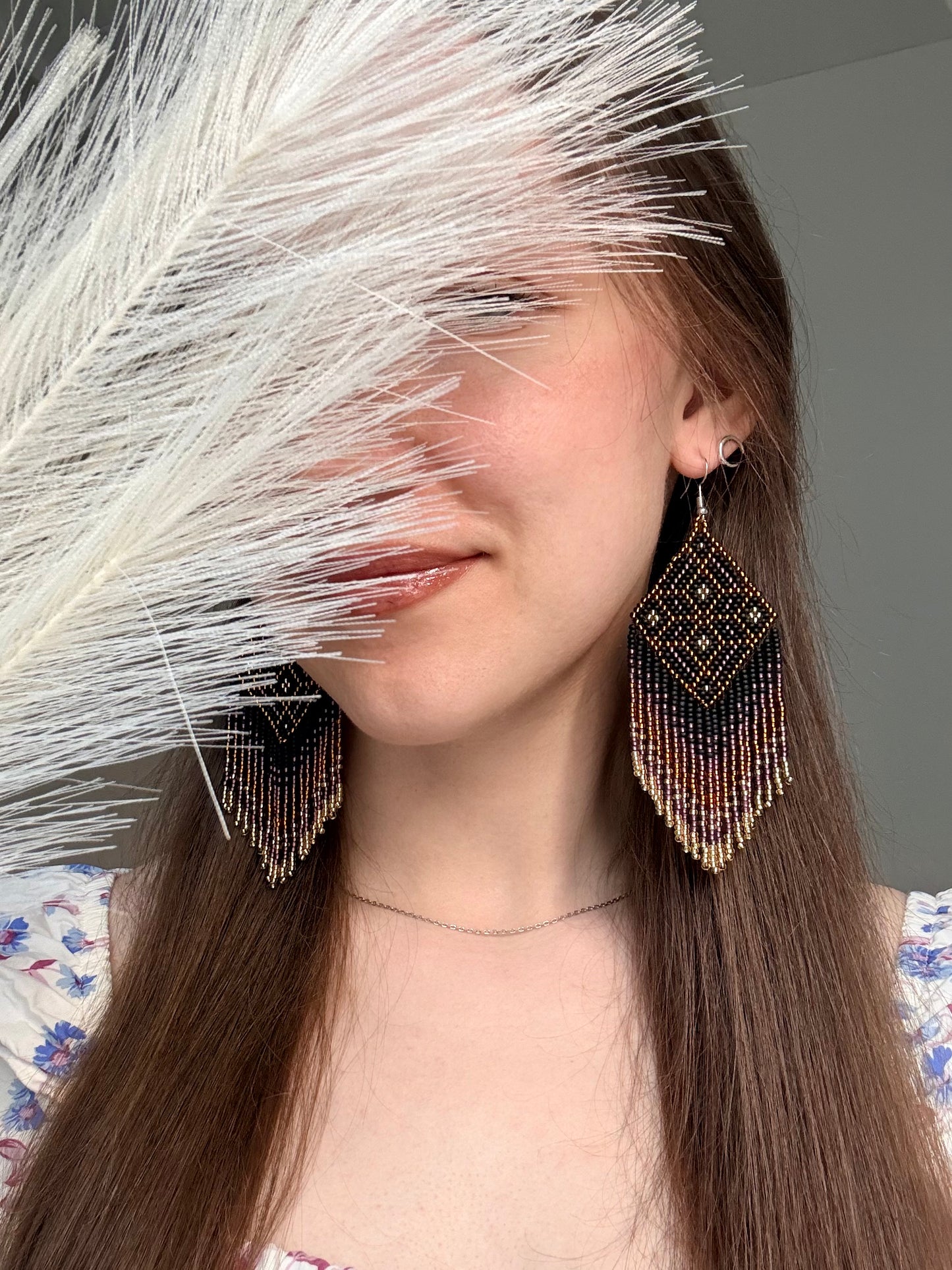 Handmade boho beaded statement earrings in black and copper gold with geometric design and long fringe. Ethnic style jewelry, unique perfect gift for her image 2