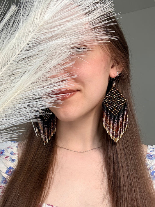 Handmade boho beaded statement earrings in black and copper gold with geometric design and long fringe. Ethnic style jewelry, unique perfect gift for her image 2