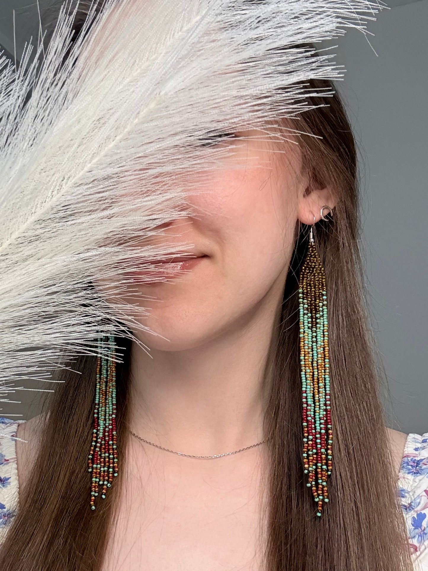 Long beaded earrings in turquoise, green, brown and burgundy with fringe. Unique handmade boho and Native statement earrings for women, perfect gift for her image 2