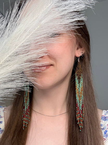 Long beaded earrings in turquoise, green, brown and burgundy with fringe. Unique handmade boho and Native statement earrings for women, perfect gift for her image 2