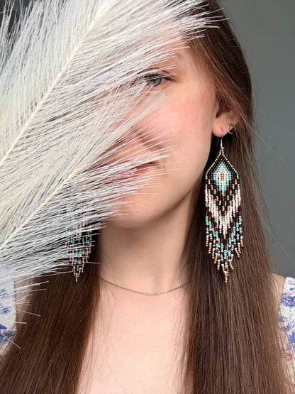 Long Native style beaded earrings with fringe in black, copper, turquoise and red. Handmade ethnic boho jewelry that adds movement and unique style image 2