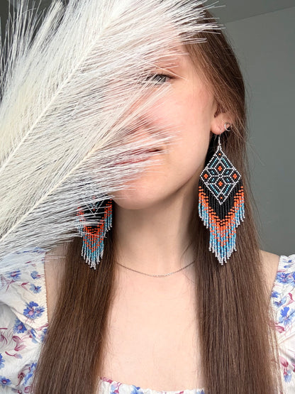 Black, blue, silver and orange beaded fringe earrings in boho and Native American style. Handmade statement earrings, unique colorful ethnic jewelry image 2