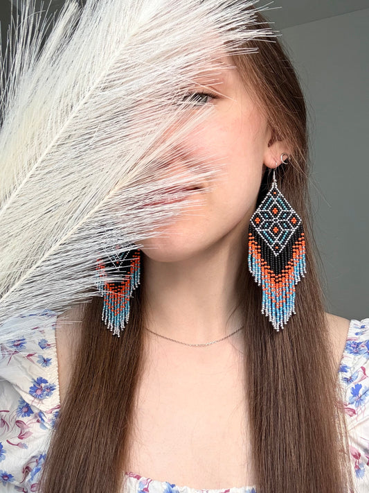 Black, blue, silver and orange beaded fringe earrings in boho and Native American style. Handmade statement earrings, unique colorful ethnic jewelry image 2