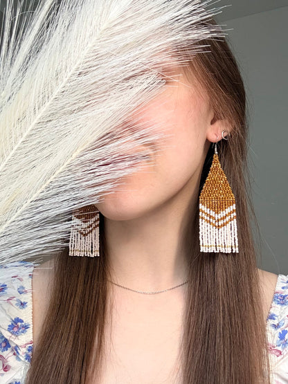 Handmade long brown and beige beaded boho earrings with fringe and silver accents. Unique native-style statement jewelry, cute bright earrings for women image 2