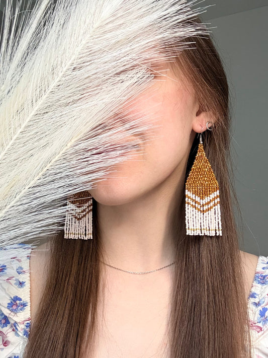Handmade long brown and beige beaded boho earrings with fringe and silver accents. Unique native-style statement jewelry, cute bright earrings for women image 2