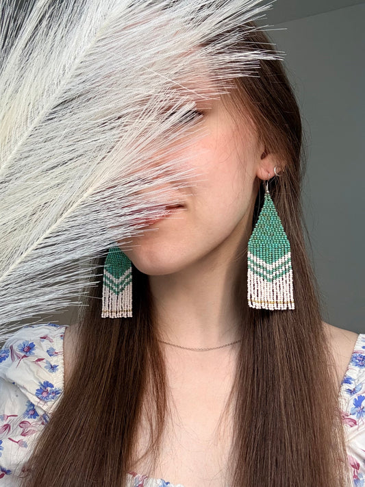 Handmade long turquoise and beige beaded boho earrings with fringe and silver accents. Unique native-style statement jewelry, cute bright earrings for women image 2
