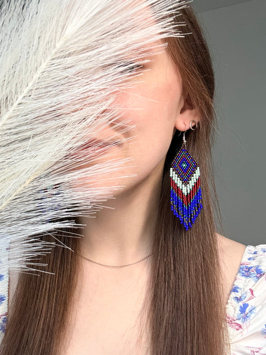 Handmade Blue, green and red beaded fringe earrings with geometric style. Unique bright boho statement jewelry with Native-inspired design and artisan beadwork image 2