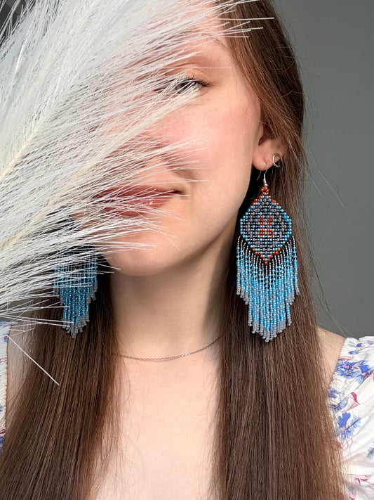Handmade boho blue and gray beaded earrings with movable fringe. Unique bright statement jewelry with Native American-inspired design and artistic beadwork image 2