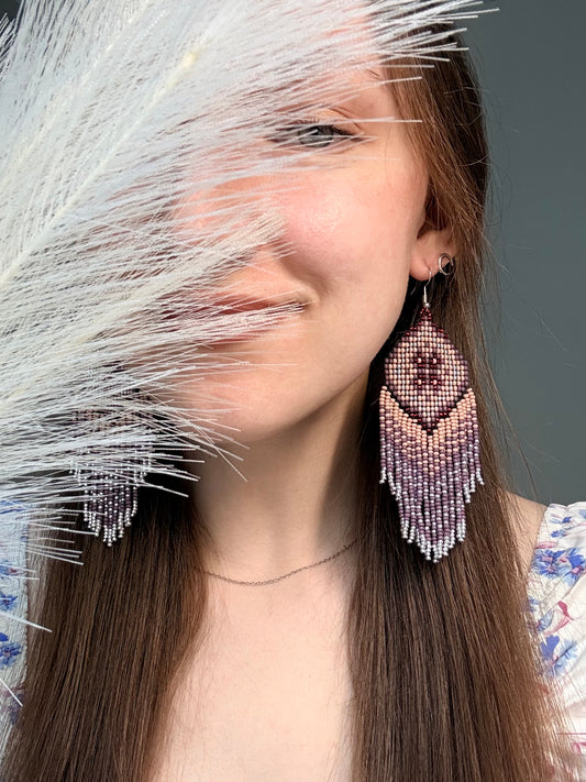 Handmade boho purple and beige beaded earrings with movable fringe. Unique bright statement jewelry with Native American-inspired design and artistic beadwork image 2