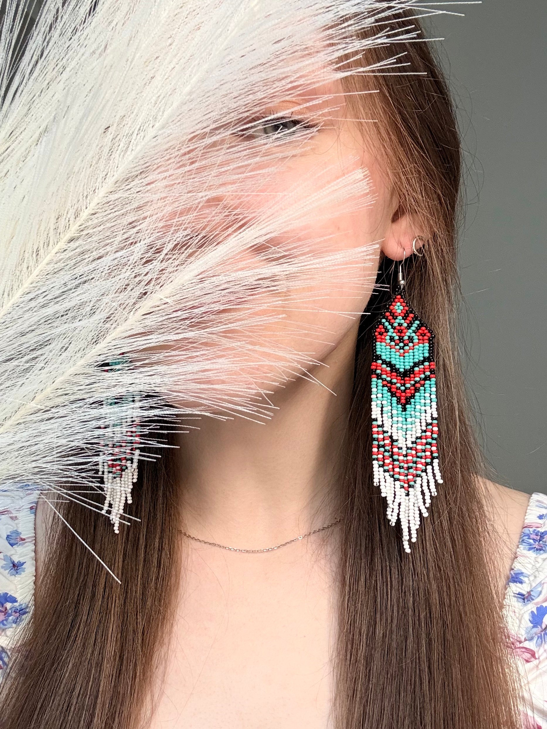Handmade long beaded fringe earrings in red, black and turquoise with Native American motif. Boho statement dangle earrings for women, unique gift for her image 2