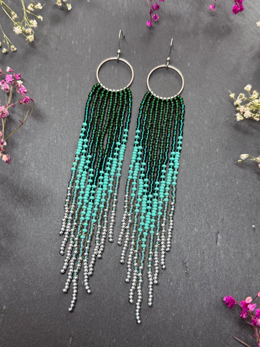 Long green and silver beaded fringe earrings on hoop base with 925 sterling silver hooks. Bright handmade statement earrings with gradient design in boho style image 2