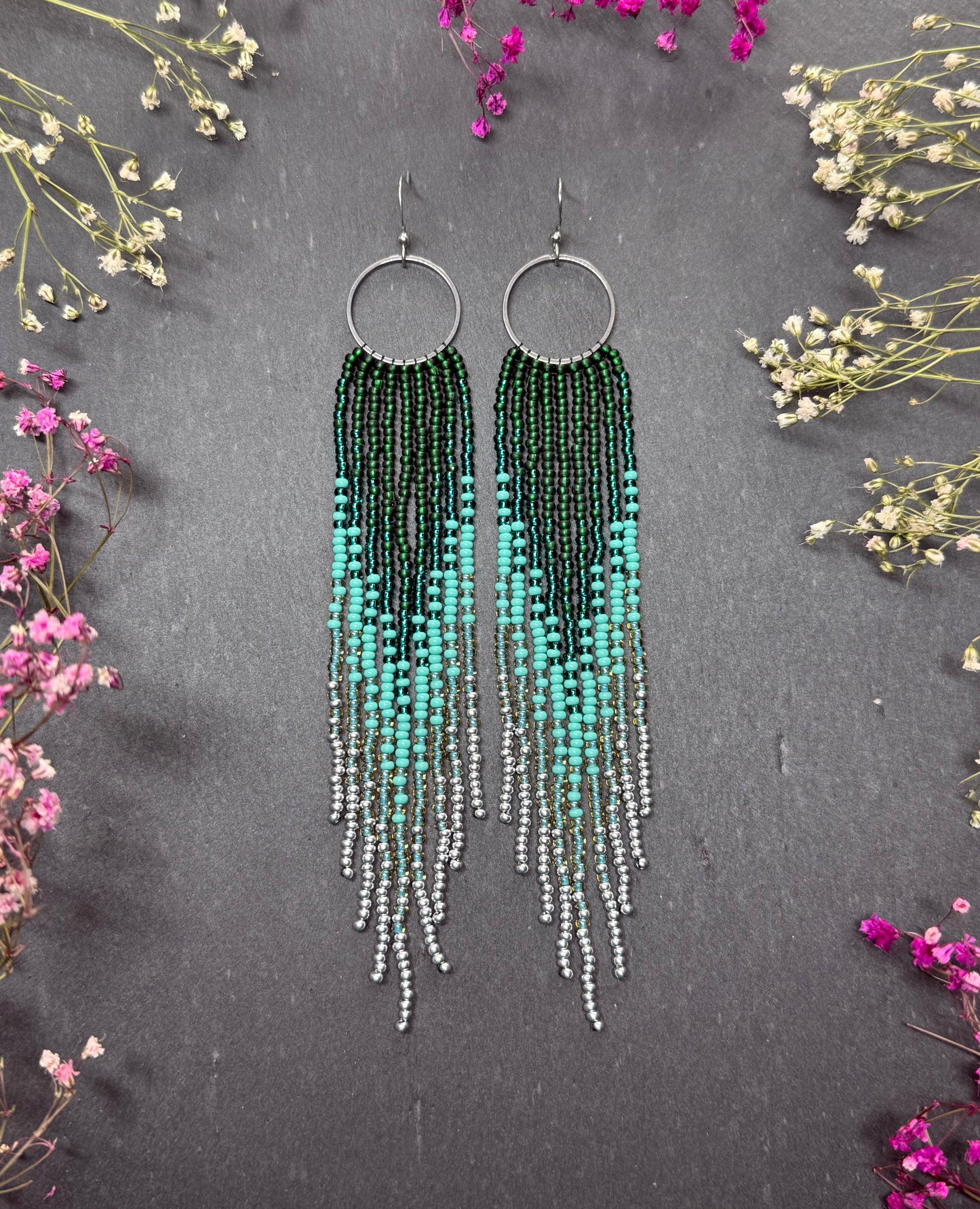 Long green and silver beaded fringe earrings on hoop base with 925 sterling silver hooks. Bright handmade statement earrings with gradient design in boho style image 1