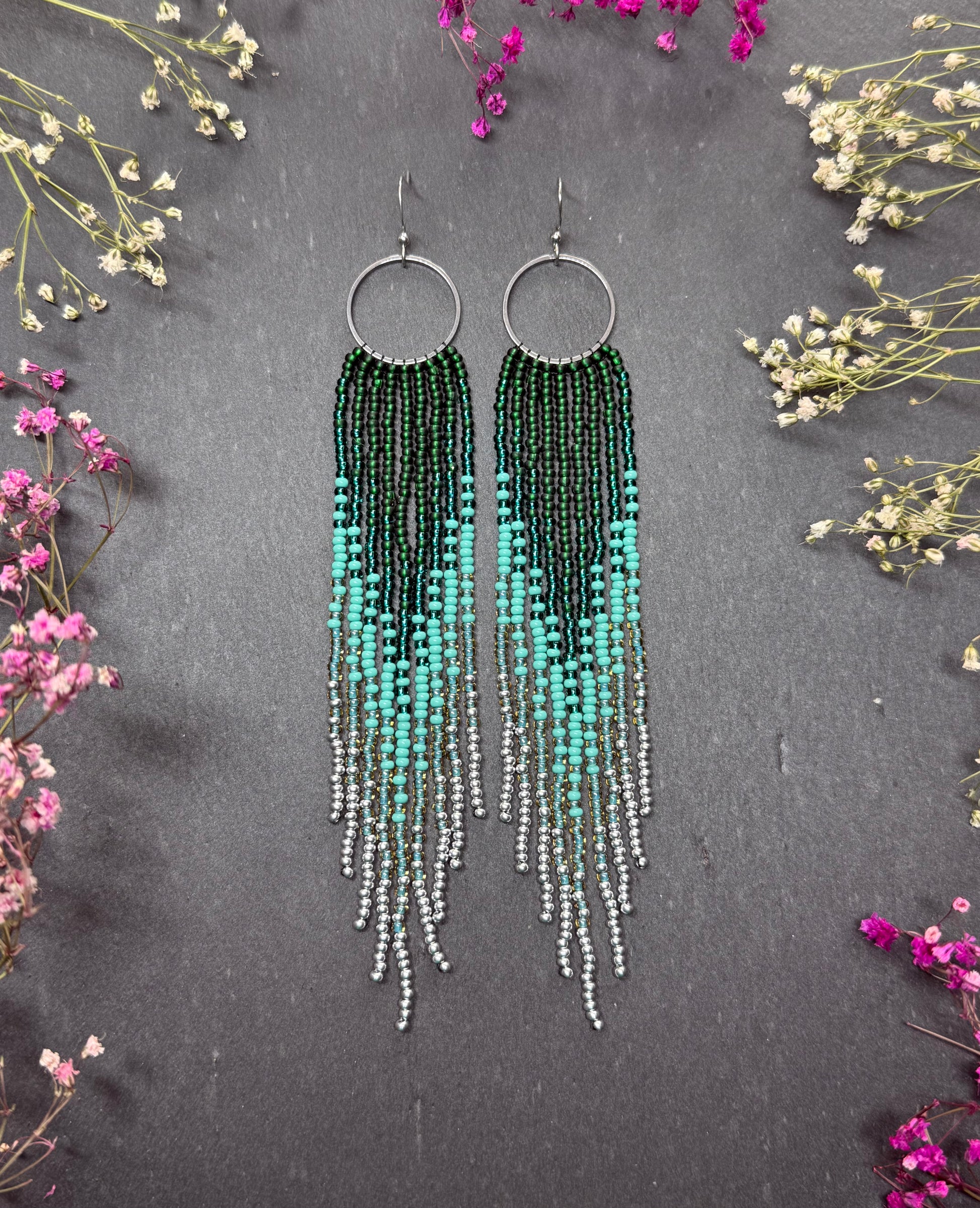 Long green and silver beaded fringe earrings on hoop base with 925 sterling silver hooks. Bright handmade statement earrings with gradient design in boho style image 1