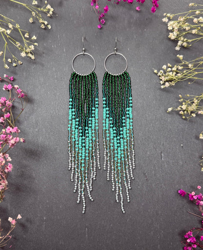 Long green and silver beaded fringe earrings on hoop base with 925 sterling silver hooks. Bright handmade statement earrings with gradient design in boho style image 1