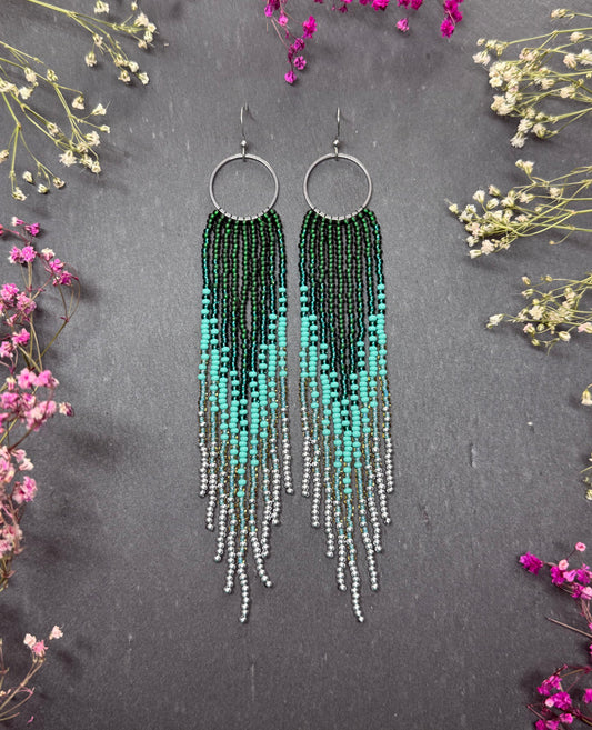 Long green and silver beaded fringe earrings on hoop base with 925 sterling silver hooks. Bright handmade statement earrings with gradient design in boho style image 1