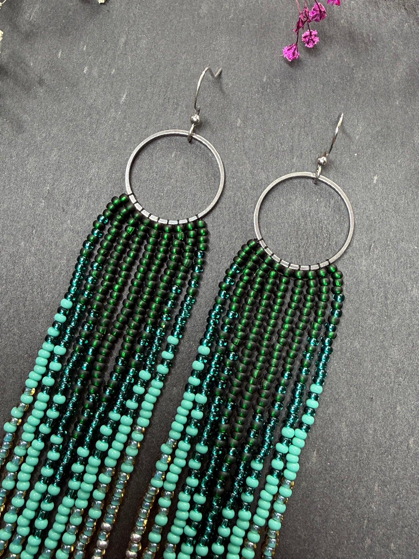 Long green and silver beaded fringe earrings on hoop base with 925 sterling silver hooks. Bright handmade statement earrings with gradient design in boho style image 3
