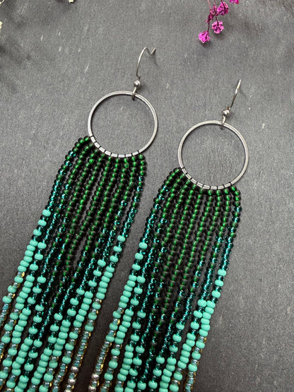 Long green and silver beaded fringe earrings on hoop base with 925 sterling silver hooks. Bright handmade statement earrings with gradient design in boho style image 3