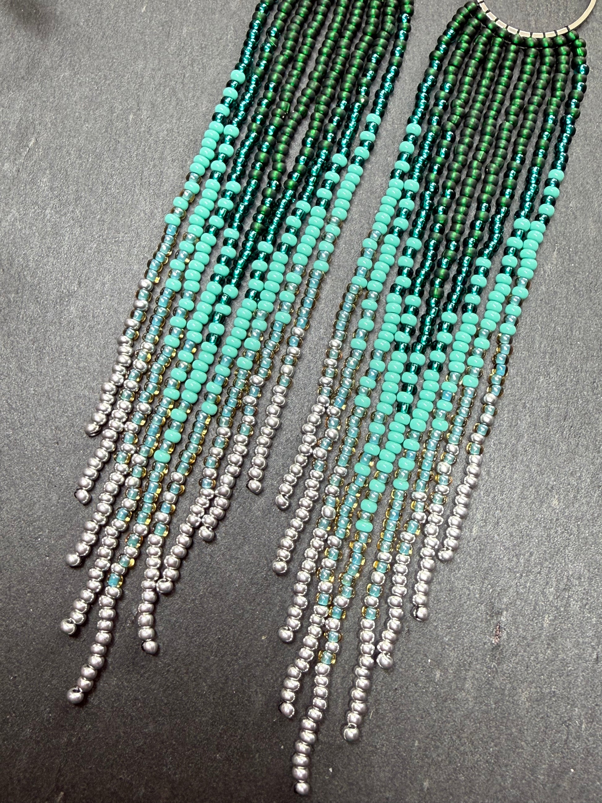 Long green and silver beaded fringe earrings on hoop base with 925 sterling silver hooks. Bright handmade statement earrings with gradient design in boho style image 4
