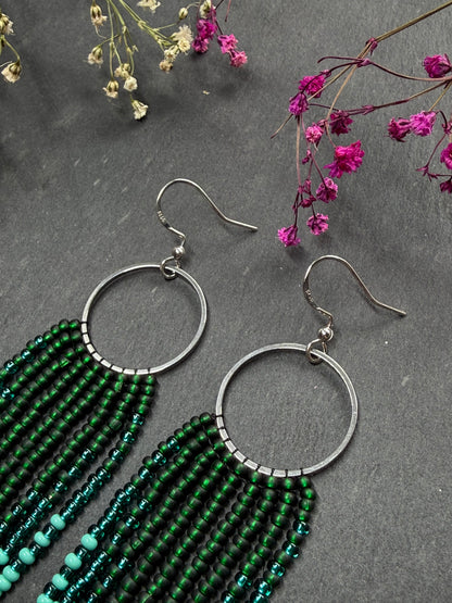 Long green and silver beaded fringe earrings on hoop base with 925 sterling silver hooks. Bright handmade statement earrings with gradient design in boho style image 6