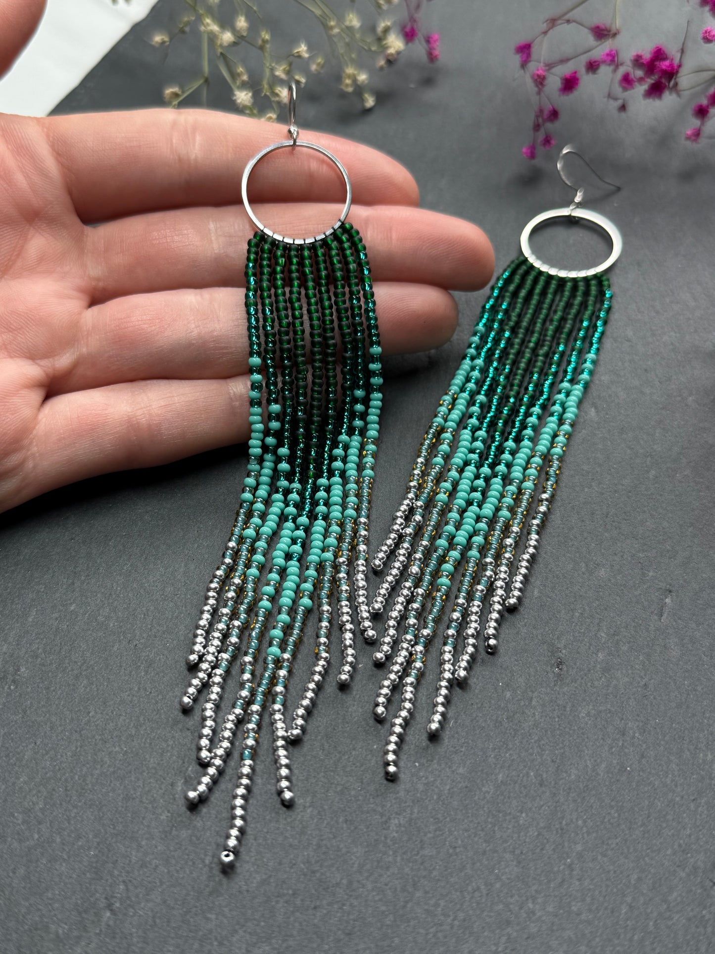 Long green and silver beaded fringe earrings on hoop base with 925 sterling silver hooks. Bright handmade statement earrings with gradient design in boho style image 5