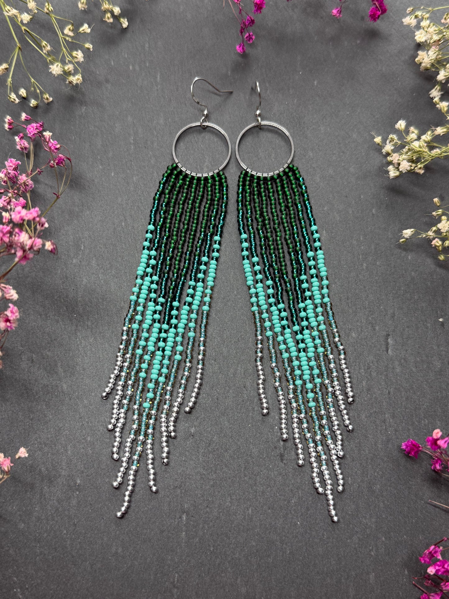 Long green and silver beaded fringe earrings on hoop base with 925 sterling silver hooks. Bright handmade statement earrings with gradient design in boho style image 8