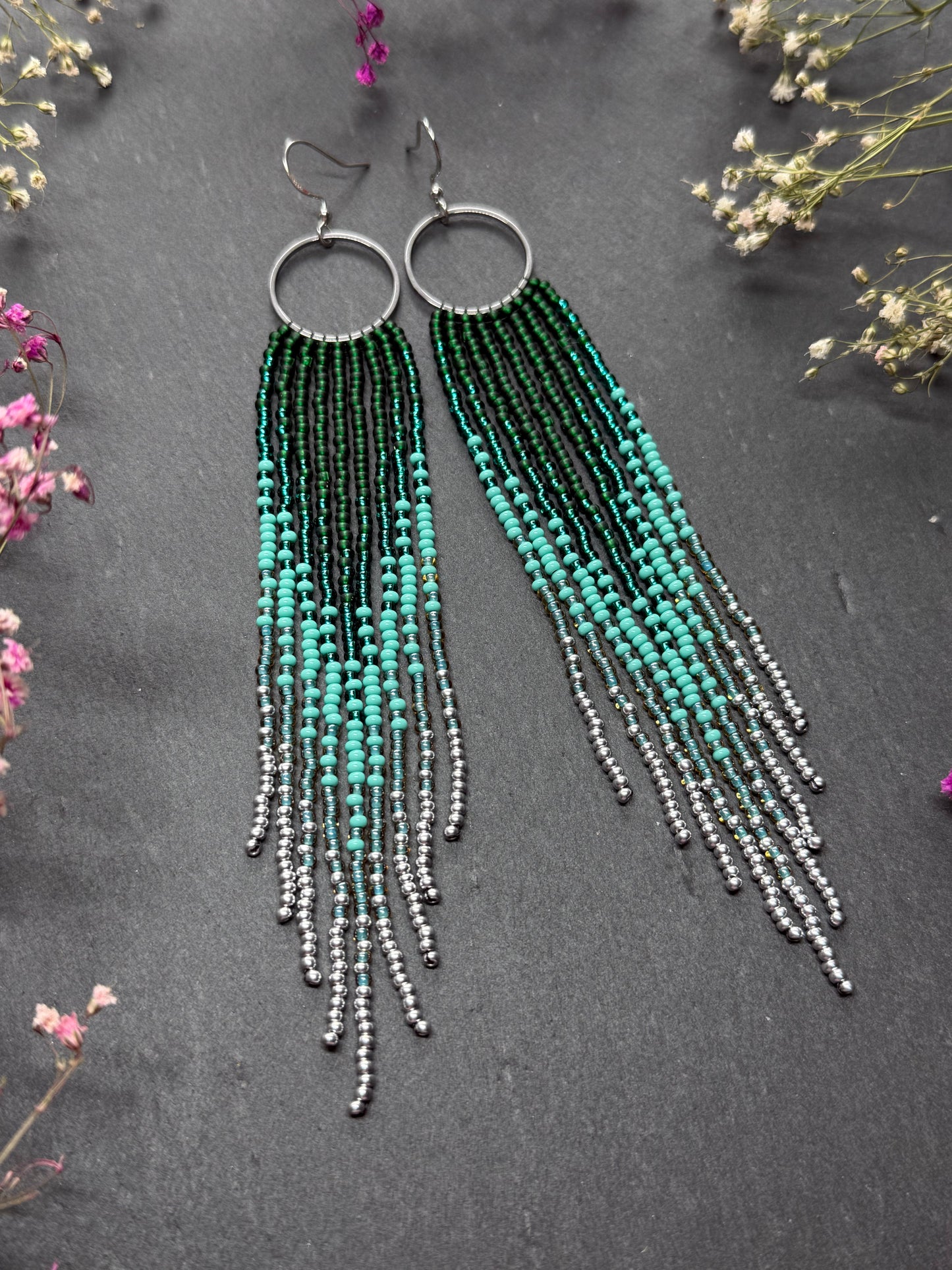 Long green and silver beaded fringe earrings on hoop base with 925 sterling silver hooks. Bright handmade statement earrings with gradient design in boho style image 9