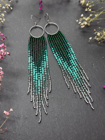 Long green and silver beaded fringe earrings on hoop base with 925 sterling silver hooks. Bright handmade statement earrings with gradient design in boho style image 9