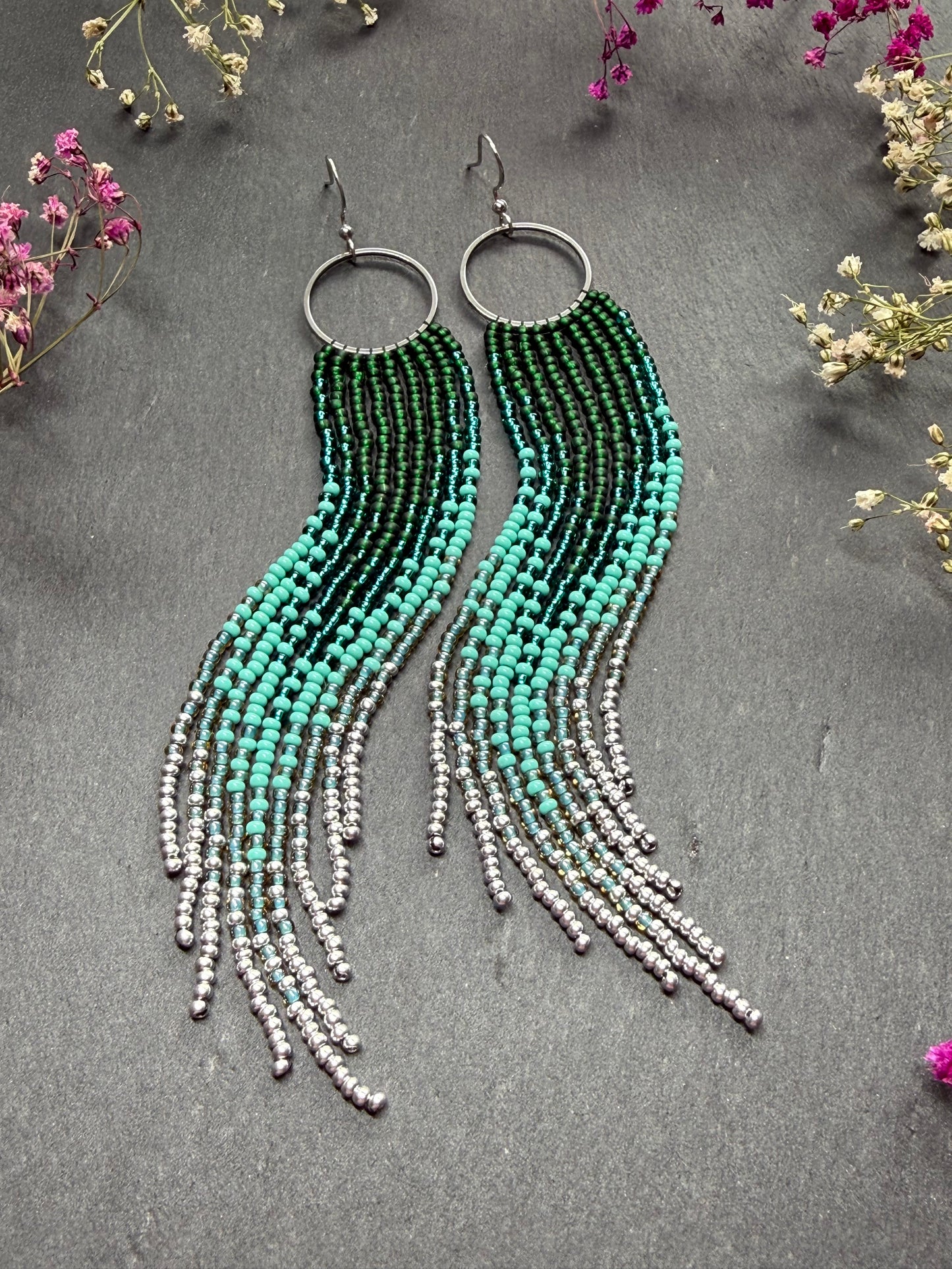Long green and silver beaded fringe earrings on hoop base with 925 sterling silver hooks. Bright handmade statement earrings with gradient design in boho style image 7