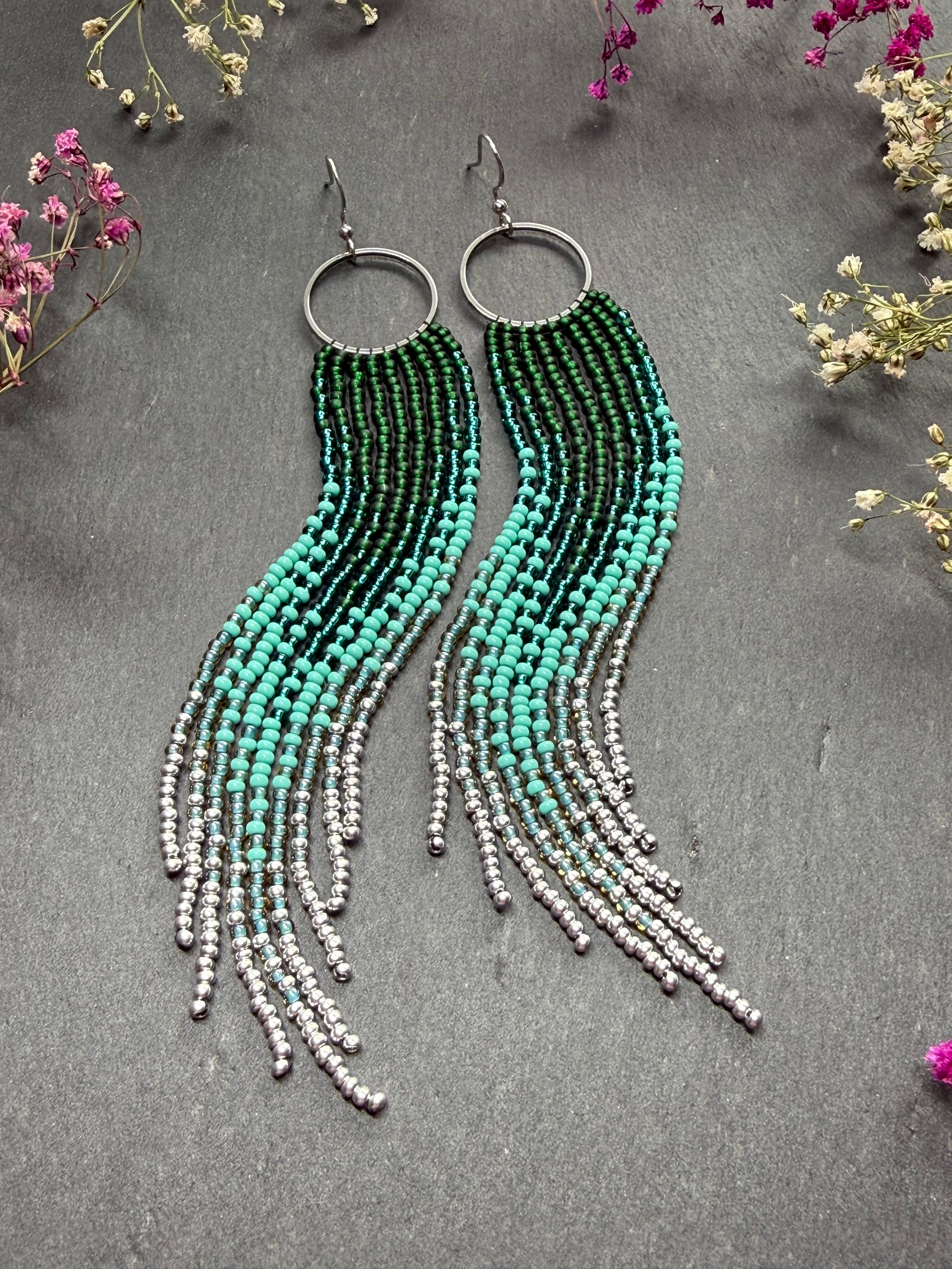 Long green and silver beaded fringe earrings on hoop base with 925 sterling silver hooks. Bright handmade statement earrings with gradient design in boho style image 7