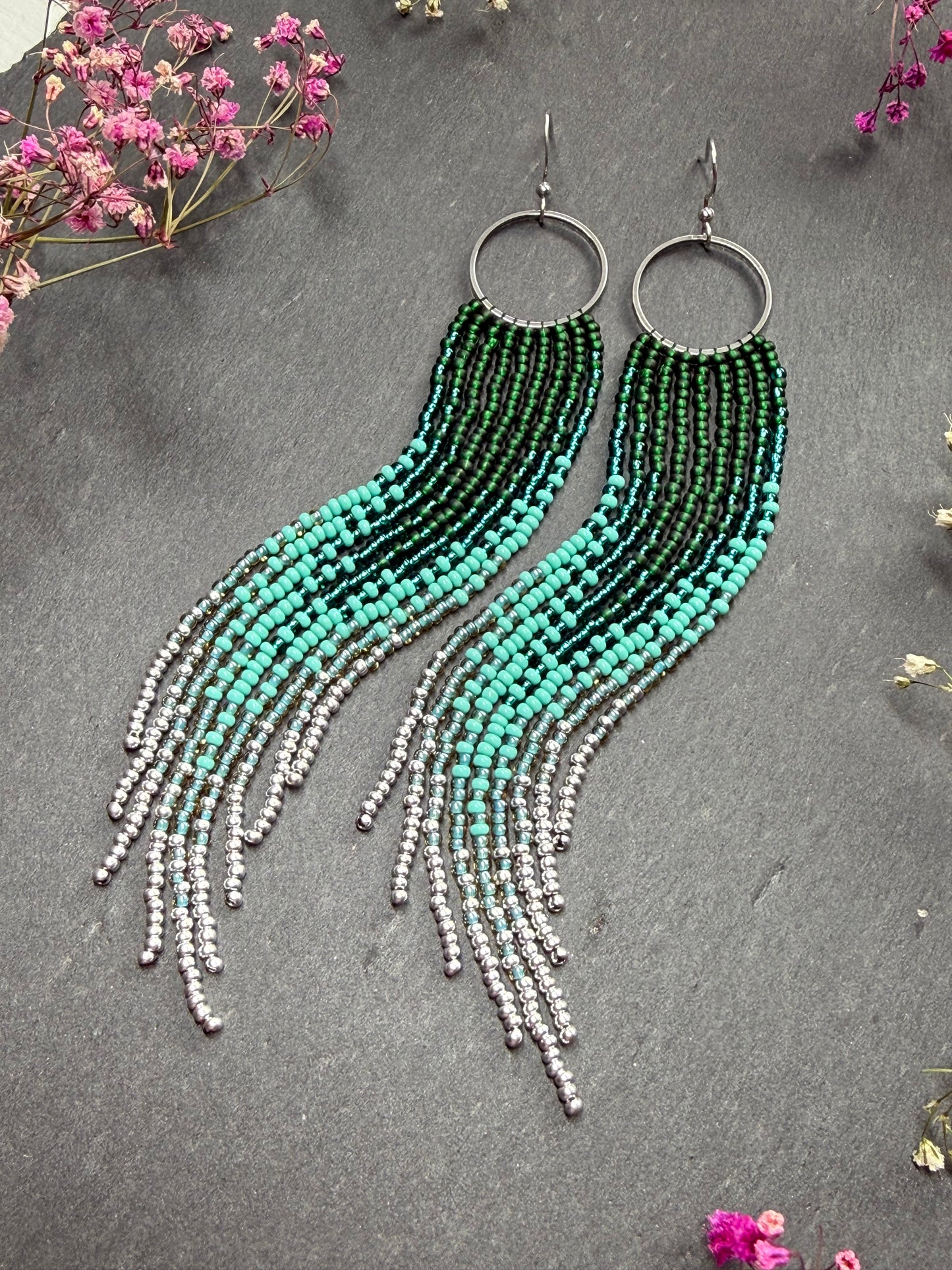 Long green and silver beaded fringe earrings on hoop base with 925 sterling silver hooks. Bright handmade statement earrings with gradient design in boho style image 10