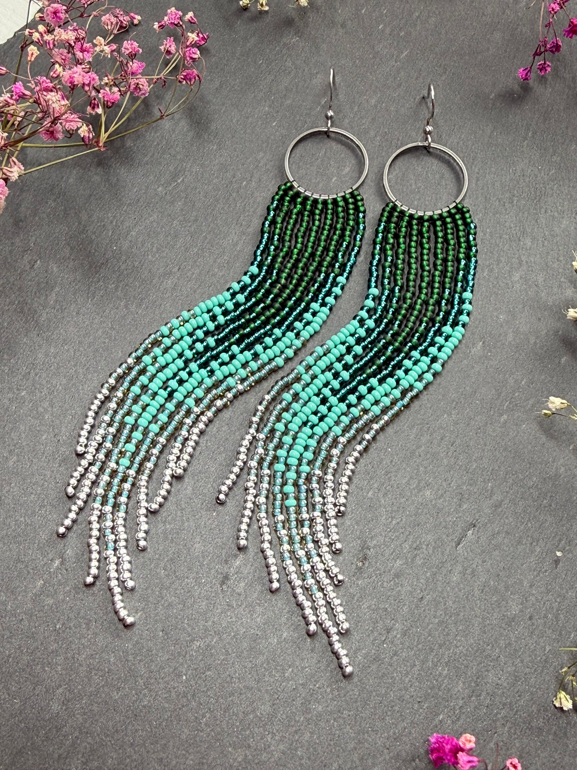 Long green and silver beaded fringe earrings on hoop base with 925 sterling silver hooks. Bright handmade statement earrings with gradient design in boho style image 10