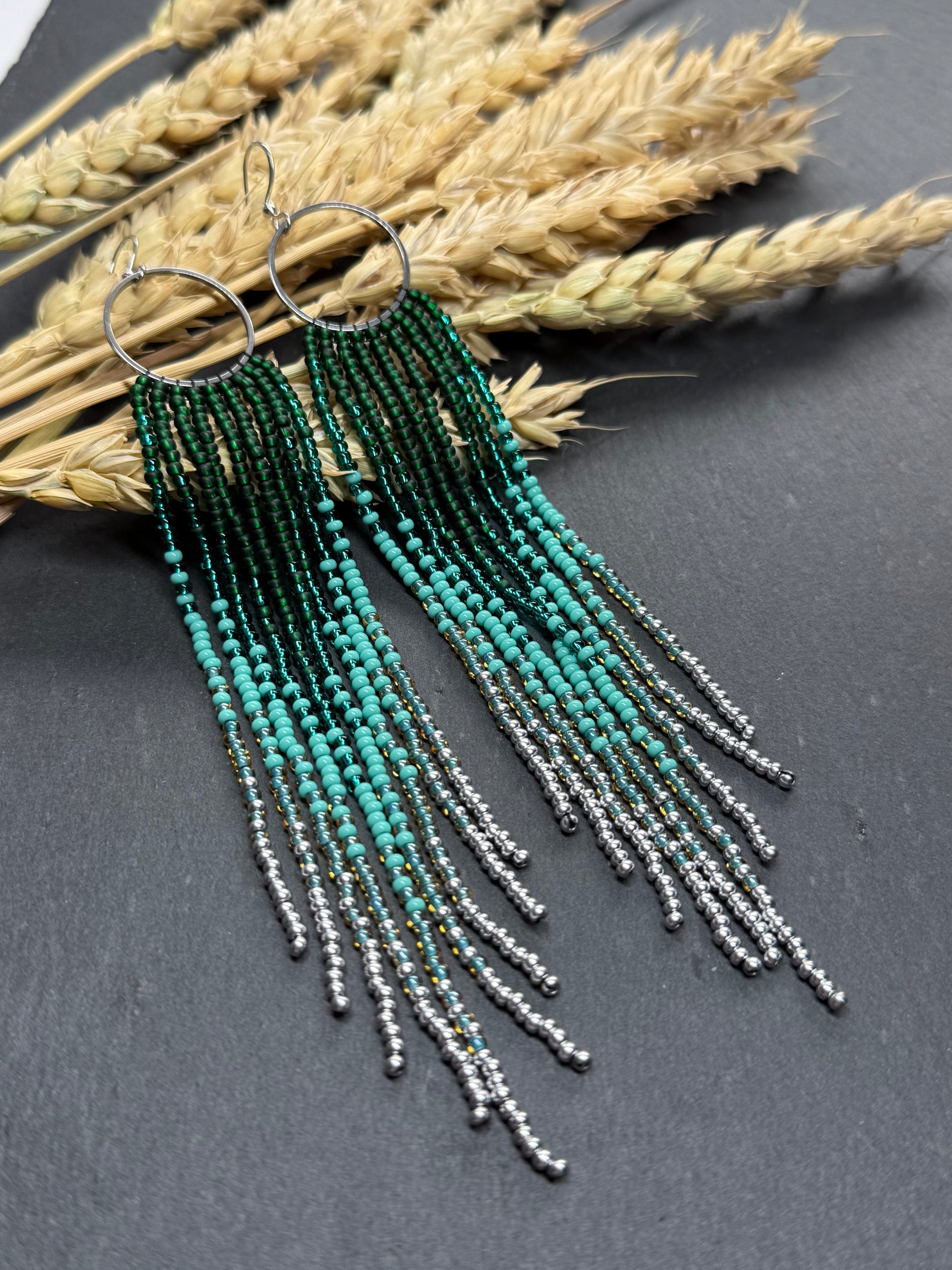 Long green and silver beaded fringe earrings on hoop base with 925 sterling silver hooks. Bright handmade statement earrings with gradient design in boho style image 13