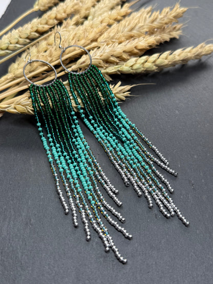 Long green and silver beaded fringe earrings on hoop base with 925 sterling silver hooks. Bright handmade statement earrings with gradient design in boho style image 13