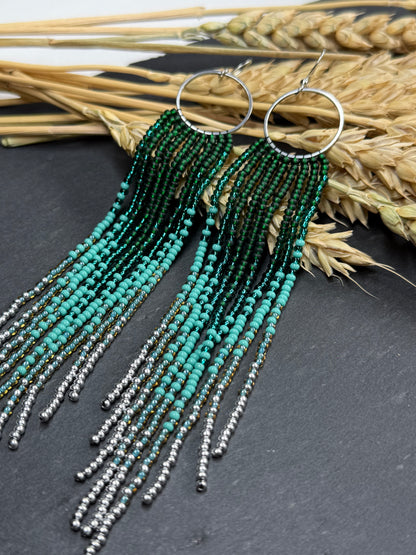 Long green and silver beaded fringe earrings on hoop base with 925 sterling silver hooks. Bright handmade statement earrings with gradient design in boho style image 14