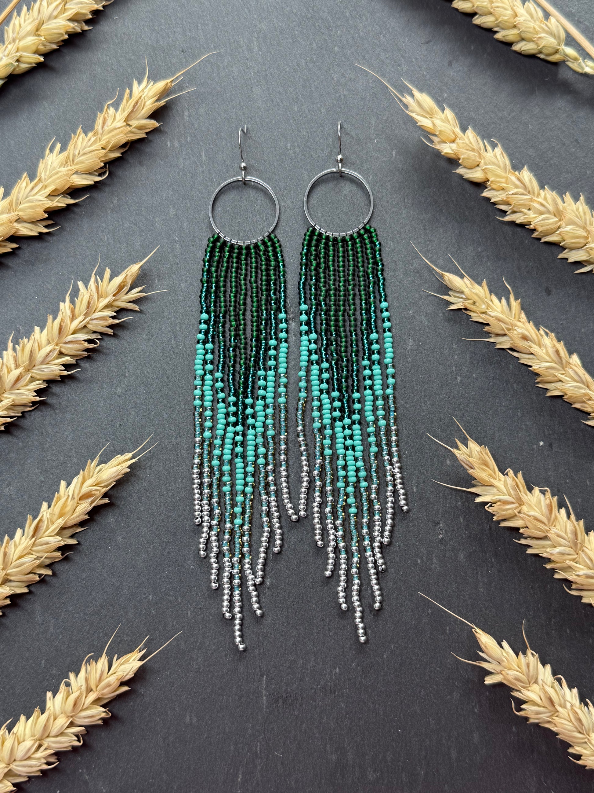 Long green and silver beaded fringe earrings on hoop base with 925 sterling silver hooks. Bright handmade statement earrings with gradient design in boho style image 11