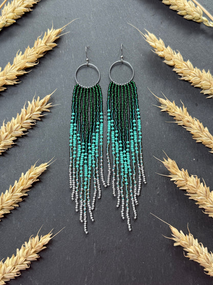 Long green and silver beaded fringe earrings on hoop base with 925 sterling silver hooks. Bright handmade statement earrings with gradient design in boho style image 11