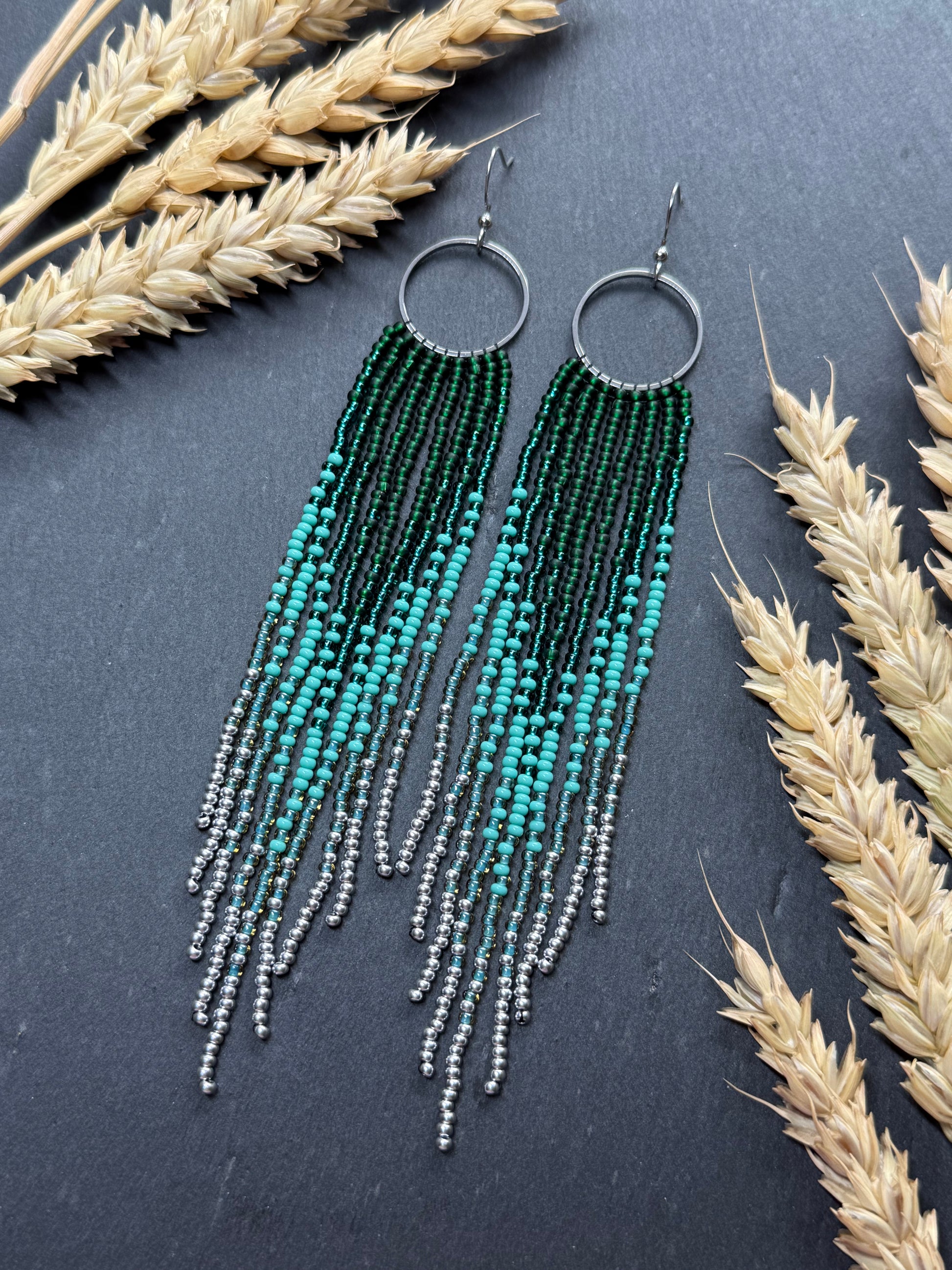 Long green and silver beaded fringe earrings on hoop base with 925 sterling silver hooks. Bright handmade statement earrings with gradient design in boho style image 12