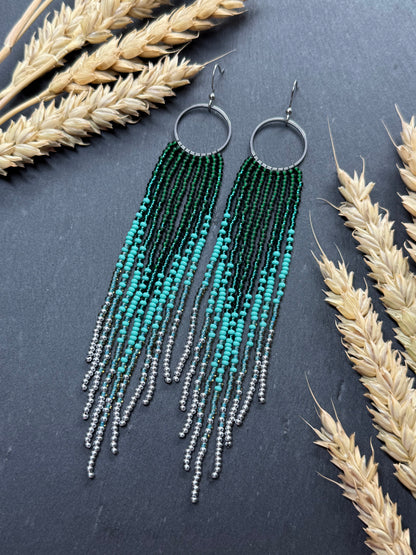 Long green and silver beaded fringe earrings on hoop base with 925 sterling silver hooks. Bright handmade statement earrings with gradient design in boho style image 12