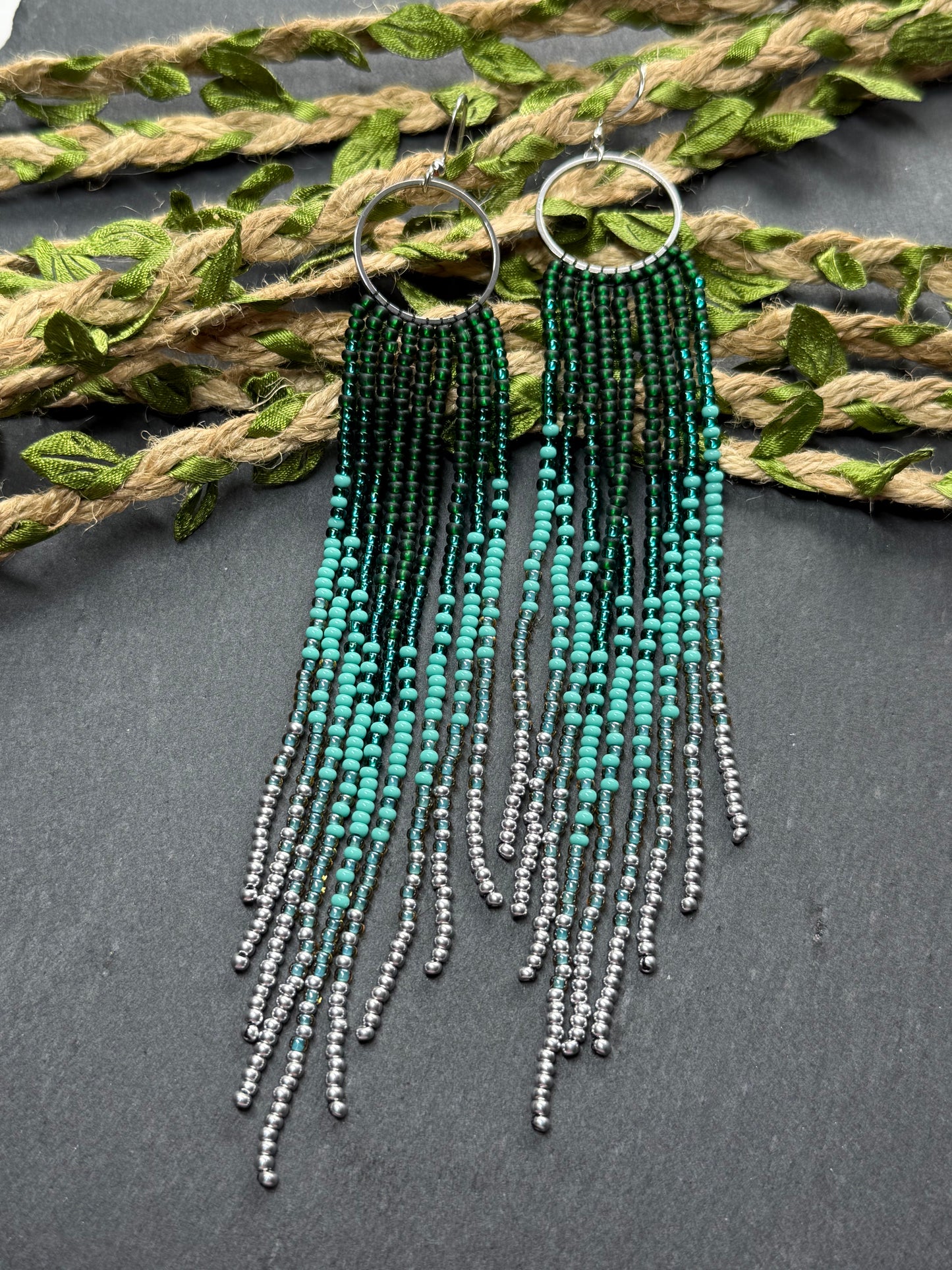 Long green and silver beaded fringe earrings on hoop base with 925 sterling silver hooks. Bright handmade statement earrings with gradient design in boho style image 15