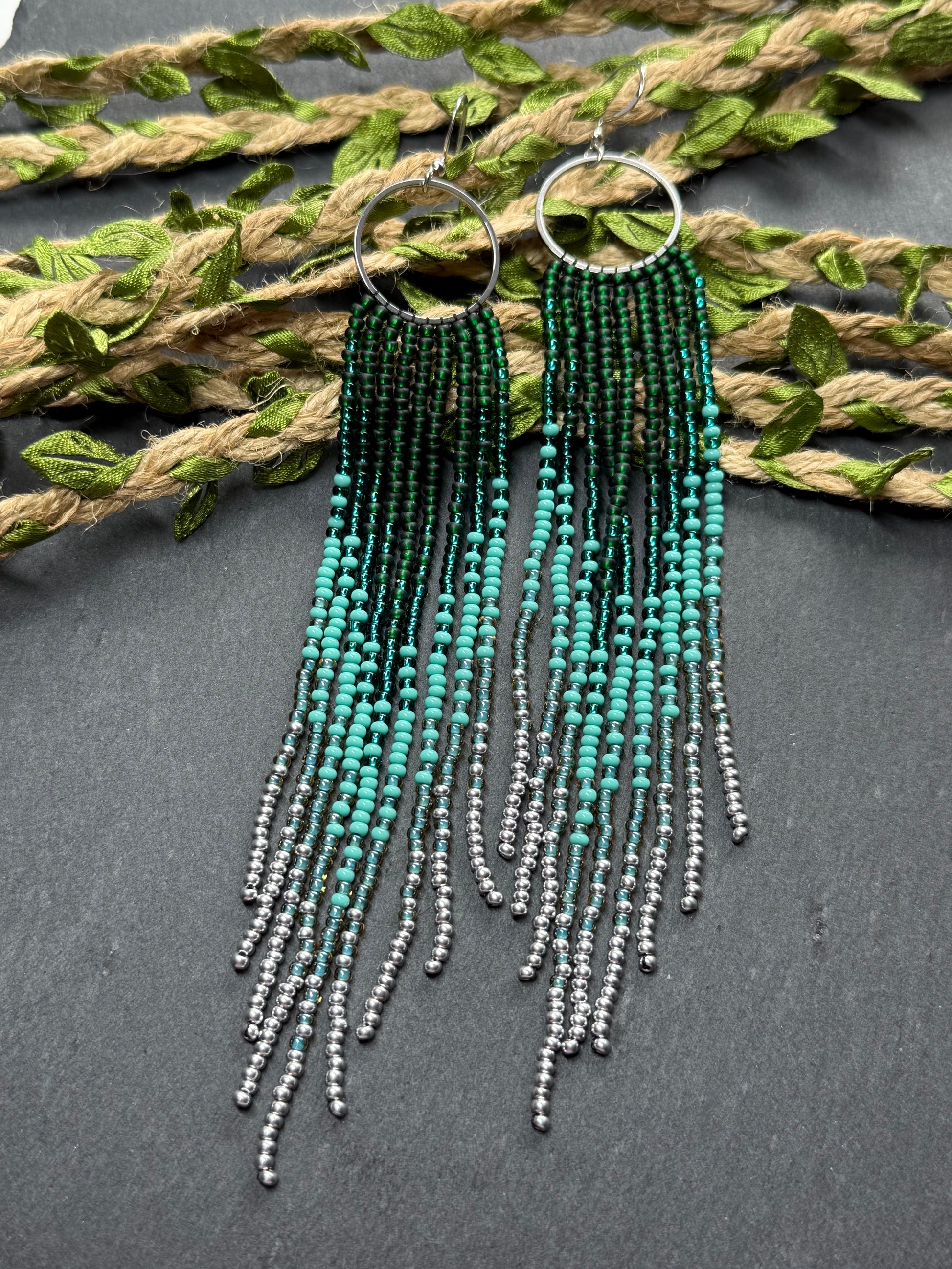 Long green and silver beaded fringe earrings on hoop base with 925 sterling silver hooks. Bright handmade statement earrings with gradient design in boho style image 15