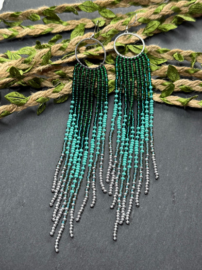 Long green and silver beaded fringe earrings on hoop base with 925 sterling silver hooks. Bright handmade statement earrings with gradient design in boho style image 15
