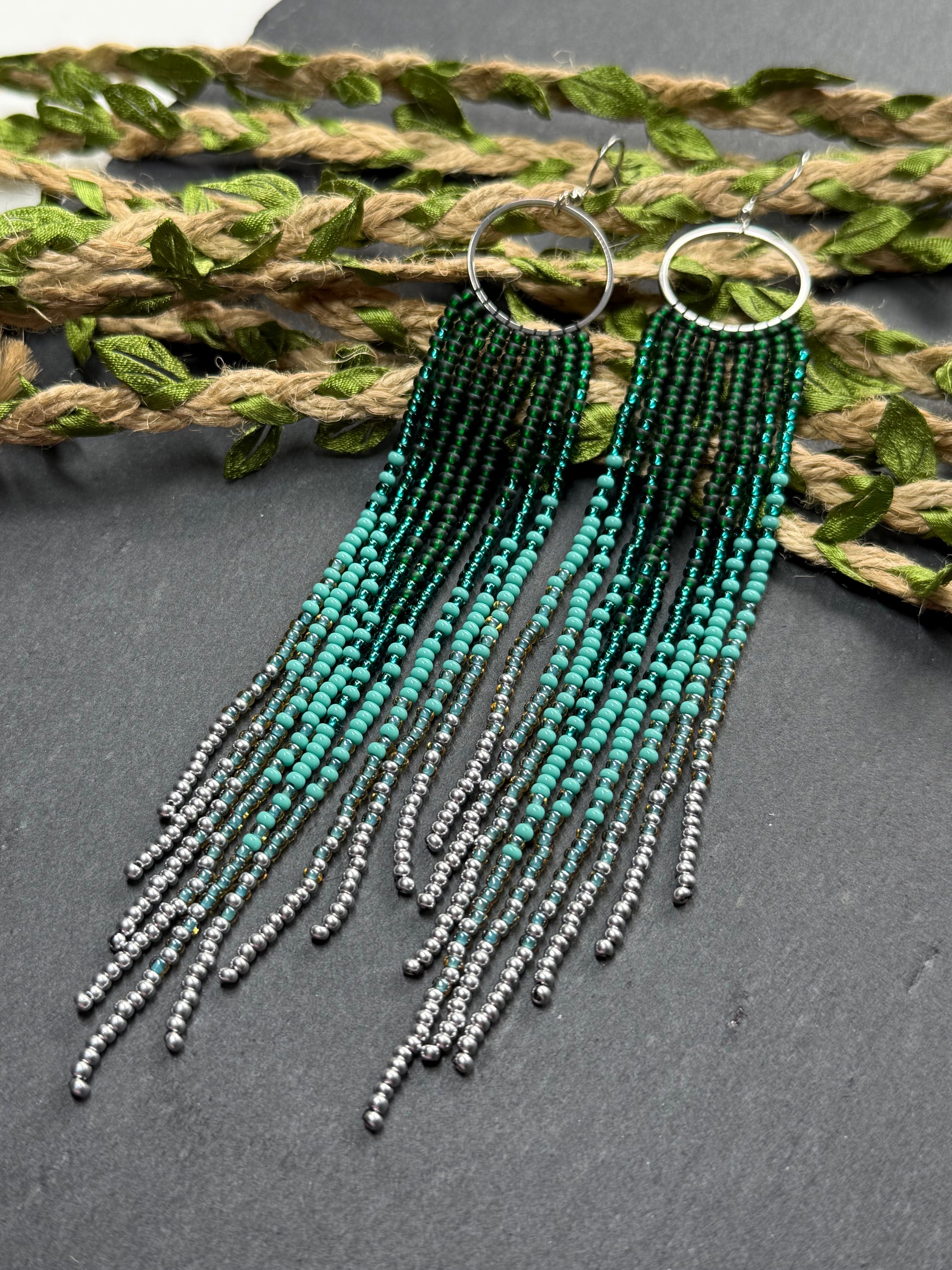 Long green and silver beaded fringe earrings on hoop base with 925 sterling silver hooks. Bright handmade statement earrings with gradient design in boho style image 16